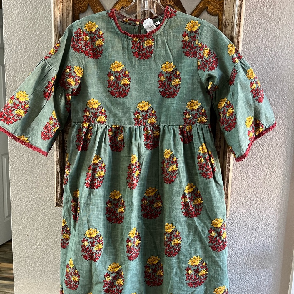 Yo Baby Cotton Tunic Dress-size 11 Green, ruby red, gold